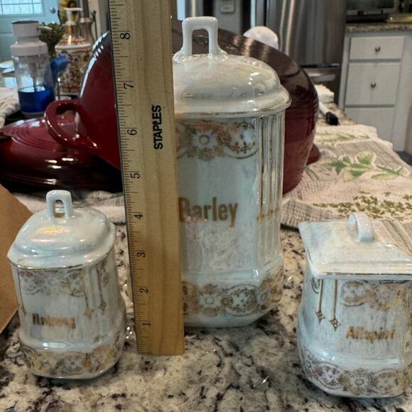 Antique Lusterware Canisters w/ Lid Germany Kitchen Barley Allspice Nutmeg Spice - Picture 13 of 13